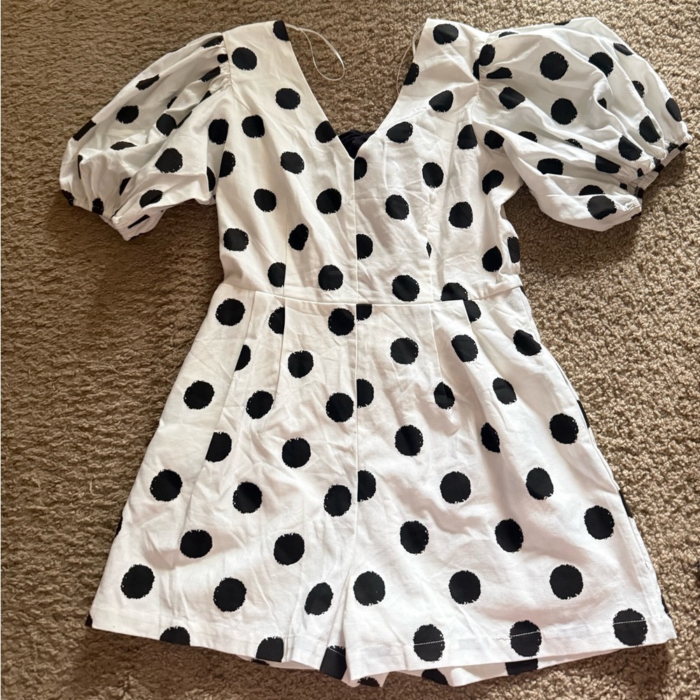 White Puff Sleeve Polka Dot Romper - Black Dots